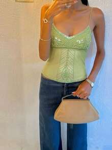 Women's Solid-Color Slim-Fit Rhinestone-Embellished Camisole - Women's Summer Casual, Versatile, Vacation  Street-Style Tank Top - 薄荷綠 - 查看 2