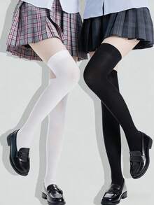 1/2 Pairs Black & White Combination High Elasticity Thigh High Socks, Suitable For Women - Multicolor - View 5