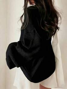 Casual Solid Color Round Neck Long Sleeve Loose Knit Sweater Spring Black - Black - View 4