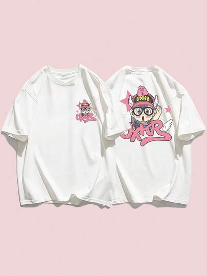 200g重厚な純綿アラレちゃんプリント半袖Tシャツ、日本風アニメカップル用、夏用カジュアルトップス、男女兼用、Y2K夏服