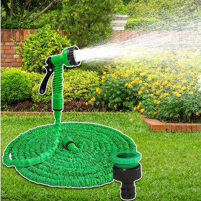 1 Set Green Flexible Expandable Garden Hose With 7-In-1 Adjustable High Pressure Spray Nozzle, Suitable For Watering Plants, Lawn Irrigation, Patio Care, Car Washing, Pet Bathing, All Seasons, High Pressure Washer, Gardening Supplies