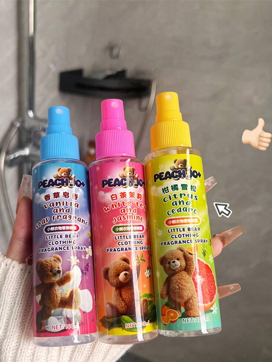 1瓶100毫升织物香氛喷雾（香草皂香、白茶茉莉香、柑橘雪松香），空气清新剂，高端衣物香氛，持久留香，适用于衣物、浴室、卧室、衣橱、客厅和汽车。
