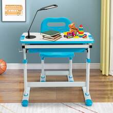 COSTWAY Height Adjustable Kids Study Table And Chair Set With Tilting Tabletop, Blue - Blue - View 2