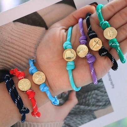 1件装时尚镀金十字架耶稣玛利亚珠饰宗教手链，手工彩色绳编手链