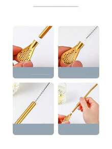 2/4/6pcs 304 Stainless Steel Detachable Straw Spoon, Thickened Straw Spoon 2-In-1, Creative Metal Milk Tea Drinking Straw, Wash Drinking Straw Long Ice Spoon Flower Tea Tool, Stirring Spoon - View 4