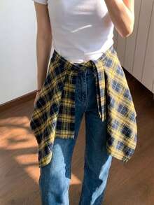 女士格子假叠层衬衫下摆，高腰系带裙摆延长器，休闲百搭连衣裙假下摆 - 彩色 - 查看 3