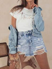 Elegant Casual Women Short Denim Skirt With Ripped Design Zipper Fly - Blue - View 2