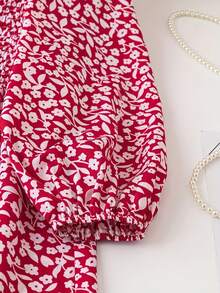 Women's Plus Size Red Floral Wide Leg Jumpsuit - Smocked Bodice Puff Sleeve Square Neck Jumpsuit, Lightweight Breathable One-Piece Outfit For Daily & Weekend Outings - 紅色 - 查看 9