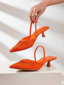 Women's Rhinestone Decor Kitten Heel, Pointed Toe Hollow Slip-On Sandals, Fashionable Elegant Party And Formal Low Heel Shoes - Orange - View 3