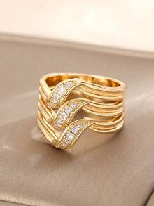 1pc Luxury Zirconia Copper Women's Ring, Delicate Line Design Multi-Layer Party Ring, New Fashion Accessory Daily Wear - Gold - View 1