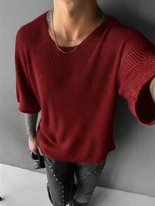 Camiseta de punto de manga corta, cuello redondo, unicolor, holgada y casual, talla grande para hombre - Burdeos - Ver 3