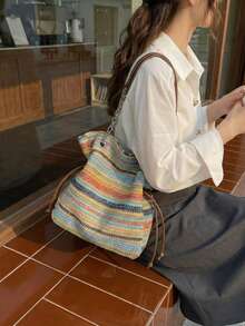 Rainbow Woven Tote Bag, New Commuter Versatile Large Capacity Straw Woven Shoulder Bag - Multicolor - View 7