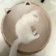 1 pieza Cama rascador de gato de ratán 2 en 1, cama para mascotas tejida a mano con cuerda de algodón y junco, nido de gato transpirable y refrescante para el verano, sofá para gatos resistente a arañazos, compatible con cojín suave y almohadilla de hielo, sofá para mascotas para todas las estaciones para gatos y perros pequeños, ideal para hogares con varias mascotas - Beis - Ver 5