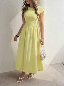 PoPoHouse Elegant Maxi Dress Sexy Backless Cap Sleeve Pleated Dress Summer Elegant Casual Vacation Wedding Guest Outfit Yellow Dress For Women - Yellow - View 10