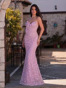 Đầm maxi đuôi cá không dây vai đính sequin thanh lịch dành cho nữ - Thiết kế dây rút và khóa kéo phía sau, họa tiết vảy 3D và thêu hoa thủ công, phù hợp cho buổi hẹn hò lãng mạn ngày Valentine, dạ hội thảm đỏ sang trọng, sự kiện thời trang, tiệc tùng và đám cưới mùa xuân. - Bụi hồng - Xem 3