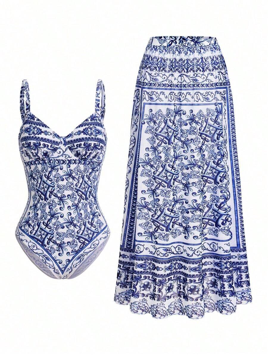 Swim Oasis Oasis Paisley Print Premium 2 Pieces Swimsuit For Summer Beach Vacation - 藍白色 - 查看 1