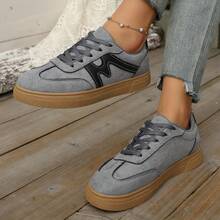 新款休闲运动鞋，棕色时尚百搭仿麂皮系带女鞋，学生鞋 - 灰色 - 查看 6