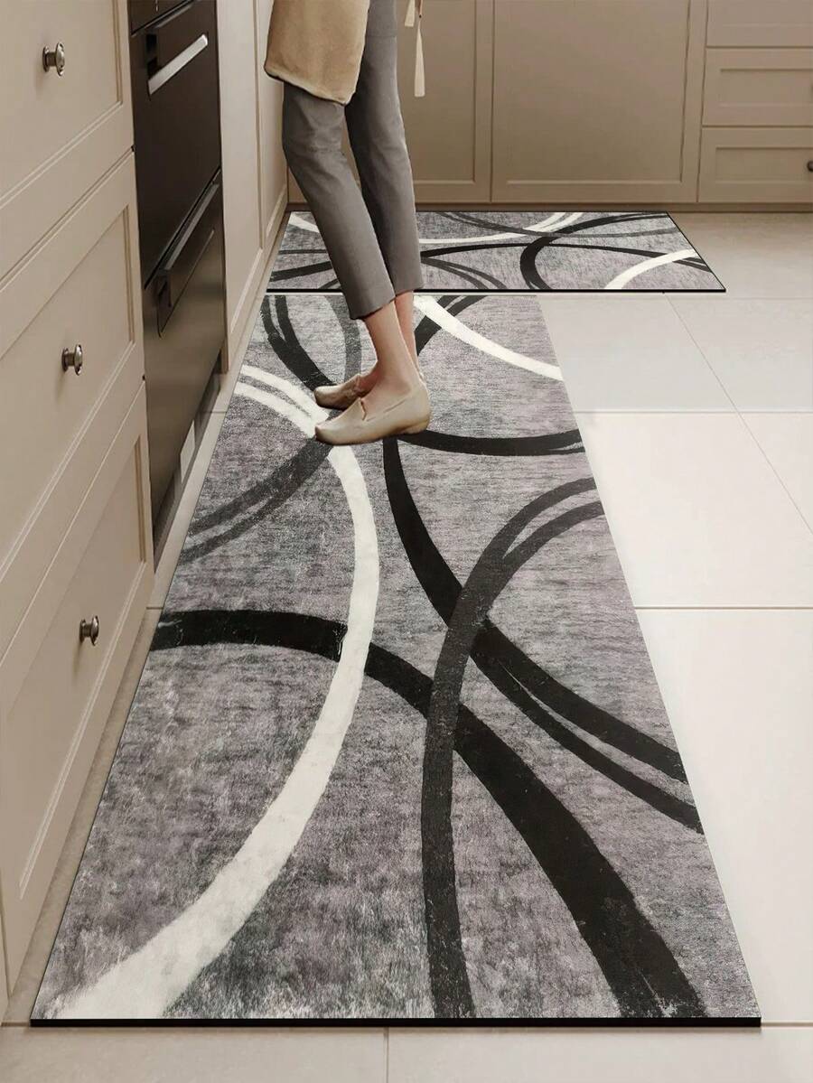 Alfombra de cocina de goma suave de 3.5 mm de grosor, estilo de rayas grises, absorbente. Se puede recortar para ajustar a la cocina. Tela de superficie, capa de espuma intermedia, capa de goma inferior. Adecuada para alfombras de cocina, decoración del hogar, alfombras de baño, alfombras de entrada, alfombras de lavandería, alfombras de pasillo, alfombras de sala de estar, etc. - Multicolor - Ver 1