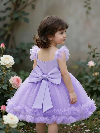 可爱亮片拼接3D立体花朵公主裙，适合女宝宝一周岁生日派对庆祝，不含发箍