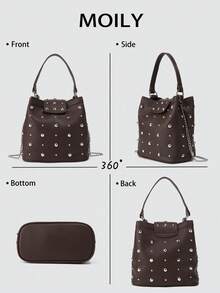 European And American Street Style Rivet Decor Bucket Shoulder Bag - Coffee - View 4