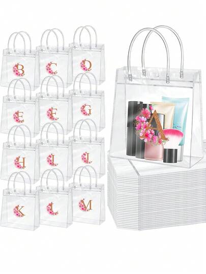 10pcs - 1pc Reusable Transparent PVC Gift Bag With Floral Letter A-Z Handle, Ideal For Weddings, Birthdays And Holidays, Multi-Functional Packaging Solution Storage Bag