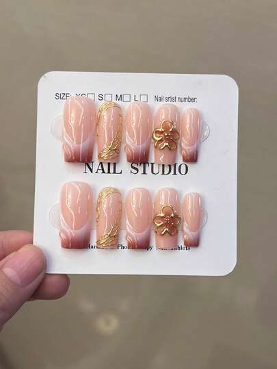 10Pcs/Set Y2K Luxury Handmade Square 3d Gel Gradual Brown French Tips Press On Nails With 3d Gel Golden Flowers, Golden Pearl And Rhinestone Design, PINK Girl Style,Full Fit Acrylic Fake Nails, Contain 1pc Jelly Glue And 1pc Nail File,Handmade Nail Supplies Suitable For Women And Girls'daily Work, Study And Parties Use.