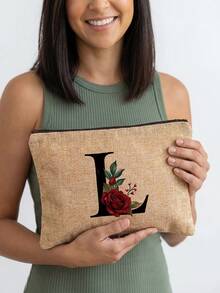 1pc A-Z Letter & Floral Print Cosmetic Bag, Lightweight Travel Toiletry Organizer - Multicolor - View 18