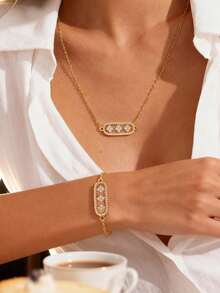 This 2 Pieces Summer Set Includes A 14K Gold-Plated Openwork Four-Leaf Clover Bracelet And Necklace, Suitable For Everyday Wear And Festive Occasions. - Multicolor - View 3