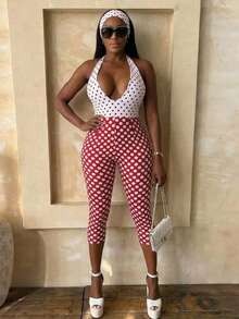 Fashionable Casual Stylish New Women's Wear Simple Creative Tight Sexy Black And White Polka Dot Jumpsuit - 紅色 - 查看 1