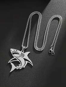 suteyi 男士抛光不锈钢鲨鱼吊坠项链，低过敏性链，夏季海滩饰品。 - 銀色 - 查看 5