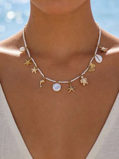 1pc Bohemian Style Multi-Element Ocean Pendant Beaded Necklace, Faux Pearl Beaded Sea Star & Sea Turtle Choker Necklace For Women