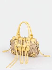 1个黄色拼接铆钉镶嵌金属流苏装饰沙滩度假风草编包，带PU元素，环形可调节肩带，拉链闭合，复古甜美朋克Y2K风格方形手提包，休闲奢华女士斜挎包，可装手机、卡包，适合日常、旅行、购物 - 黃色 - 查看 8