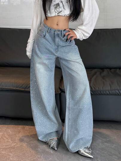 1 pieza Jeans de pierna ancha de moda para mujer, con adornos de strass desgastados, estilo casual de calle, versátil para todas las estaciones (cinturón/accesorios no incluidos) Primavera