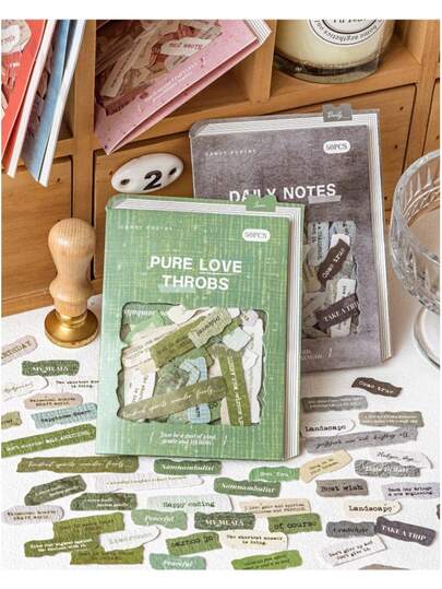 6 Sets Of 300pcs Vintage Retro Sticker Pack, Distressed English Text Stickers, Scrapbooking, Phone Decor, DIY Craft Supplies