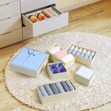 Caixa de Armazenamento Dobrável de Tecido Minimalista, Cesta Organizadora de Gaveta para Roupas Íntimas, Quarto, Adequada para Camisetas Femininas, Calças Pretas, Roupas de Inverno, Vestidos, Blusas, Macacões, Vestidos de Primavera, Tops, Tops de Verão - Bege - Visão 5