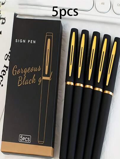 Bộ 5 bút bi gel đen và vàng - Ngòi mảnh 0.5mm/0.7mm/1.0mm, mực đậm, viết trơn tru, thiết kế nhựa bền, phù hợp cho văn phòng, trường học và sử dụng chuyên nghiệp | Ngoại hình trang nhã | Cảm giác sang trọng, bút viết chuyên dụng