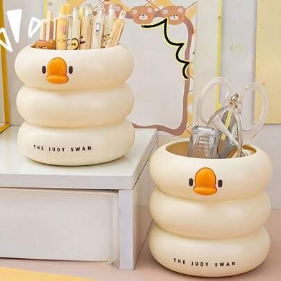 1pc Cute Duck Shaped Pen Holder & Makeup Brush Organizer - Creative Large Capacity Multifunctional Storage Box With Stacked Duck Design - Durable Plastic Suitable For Desk, Office, Vanity - Office Supplies, Fun Decor, Smooth Surface - Stationery Lovers, Home Organization