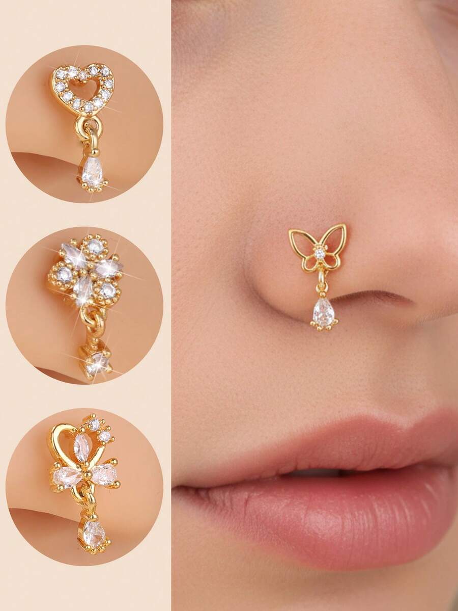 1件/4件装 L型垂坠式锆石鼻钉 – 蝴蝶心形十字鼻环，金银色垂坠式鼻孔穿刺饰品，女士款 - L Shaped Pin - 查看 1
