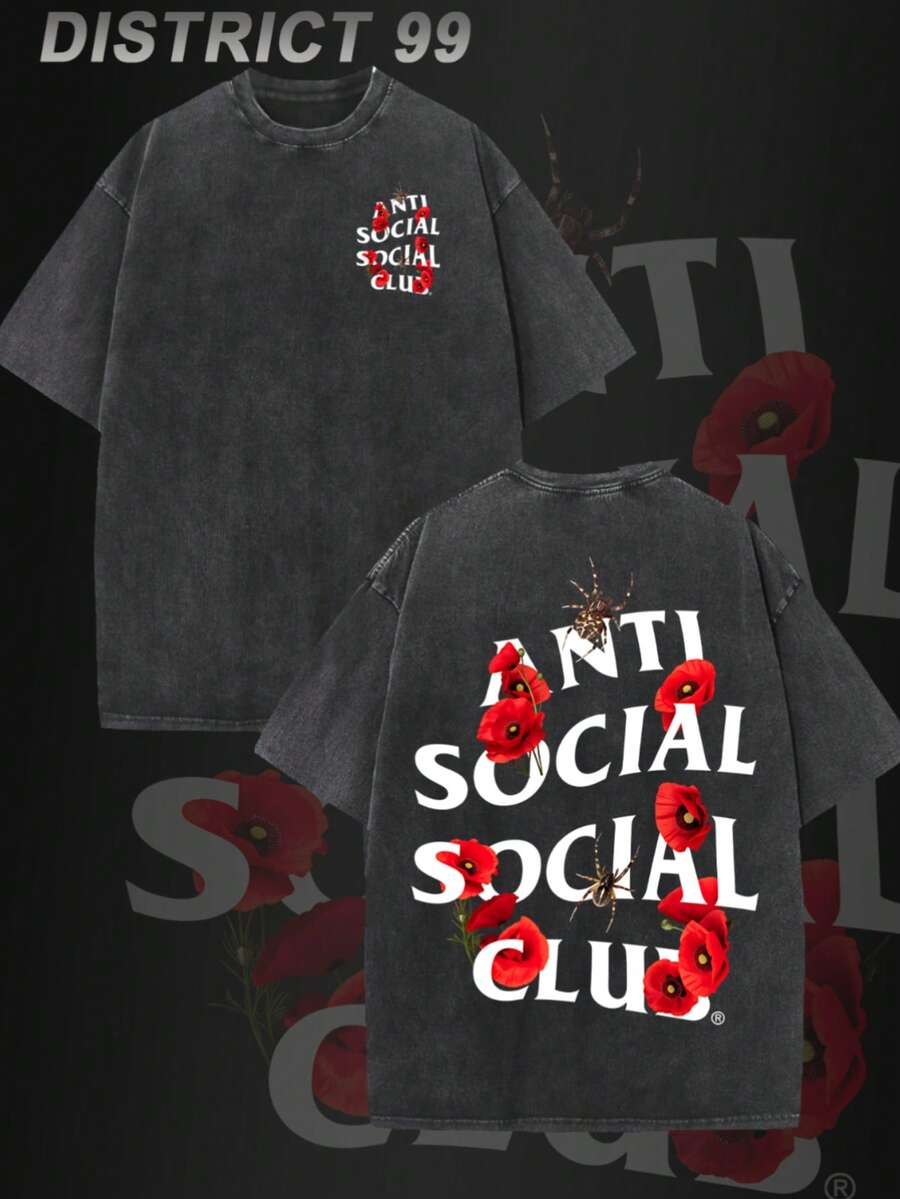 Double Sided Printing Vintage Hip Hop Rap Wash Graphic Tee Antis Socials Socials Clubs Red Poppy Flower And Spider Print Shortsleeve Cotton Top Suitable For Outdoor Daily Wear Funny Trendys Vintage Graphic Y2K Streetwear Graphic Tee Best Gift For Fans - 黑色 - 查看 1