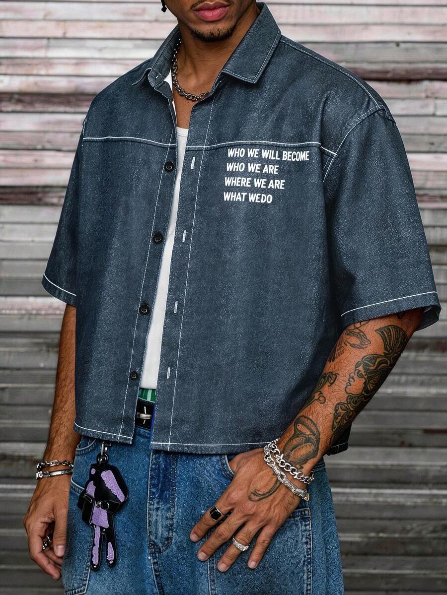 Men's Letter Print Single-Breasted Casual Versatile Daily Wear Short Sleeve Shirt - Black - View 1