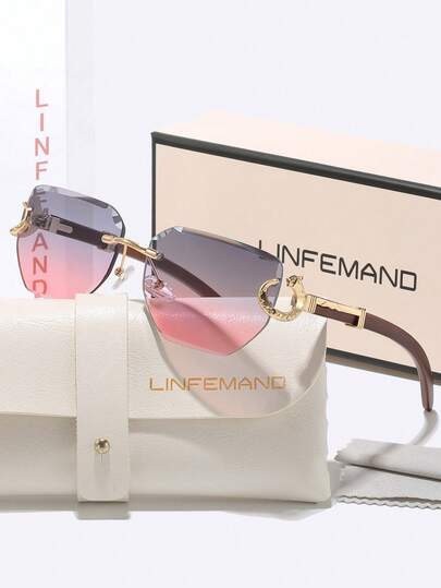 LINFEMAND Gafas de sol sin montura elegantes con degradado para mujeres, decoración de cabeza de leopardo de metal, patillas de grano de madera falso, gafas de sol versátiles para ir y venir y de moda para viajes, regalo para vacaciones