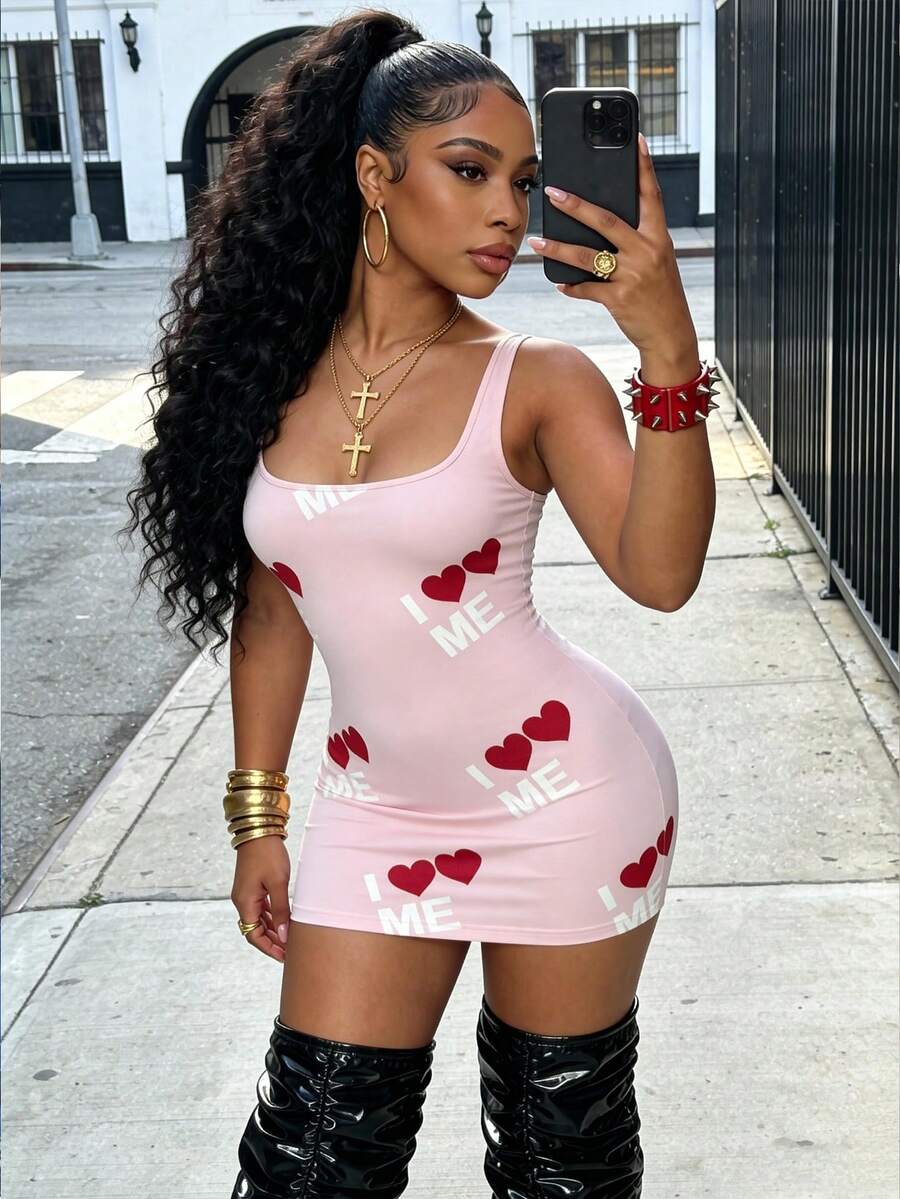 女士Y2K粉色无袖吊带连衣裙，性感甜美女孩爱心字母印花修身连衣裙，时尚别致的甜美性感风格，适合夏季街头、约会、派对和日常休闲穿着 - 粉色 - 查看 1