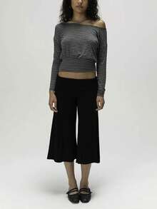 Women Y2K Cropped Wide Leg Pants, Retro Horizontal Stripe Polka Dot Print Fold Over Waistband Stretchy Knit Culottes For Streetwear Daily Outings - 黑色 - 查看 4