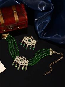 1 Set Gold Plated Crystal Choker Necklace & Maang Tikka Set With Detachable Brooch, Pakistani Bridal Jewelry For Party & Wedding - Gold - View 5