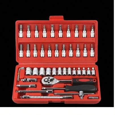 46件套机械工具套装，包括套筒扳手、棘轮扳手、螺丝刀和工具箱