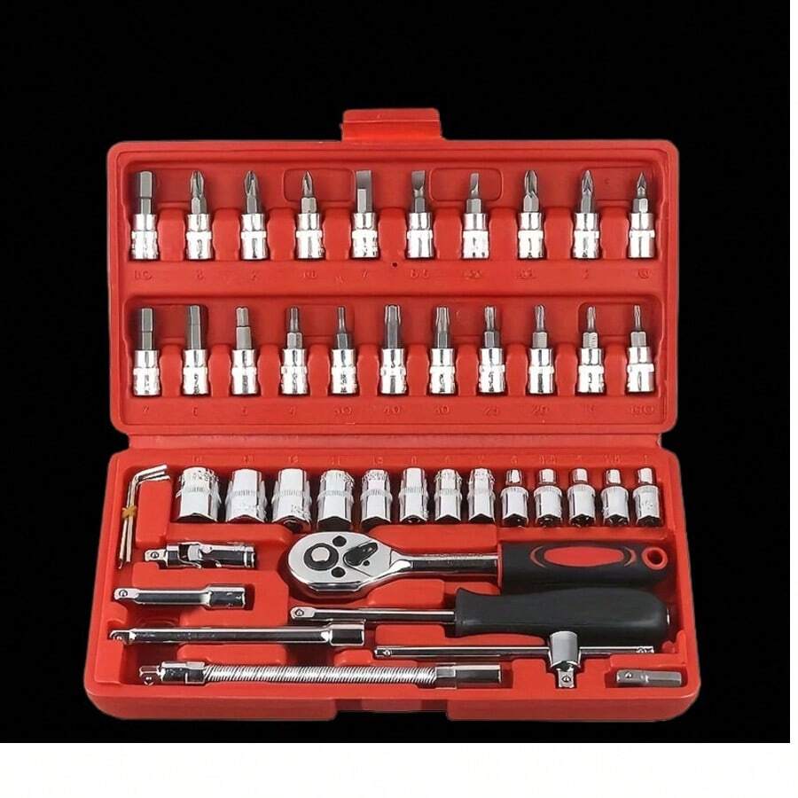 Bộ dụng cụ sửa chữa ô tô 46 chi tiết, bao gồm cờ lê đầu khẩu, cần siết, tua vít và hộp dụng cụ. - Nhiều kiểu dáng - Xem 1