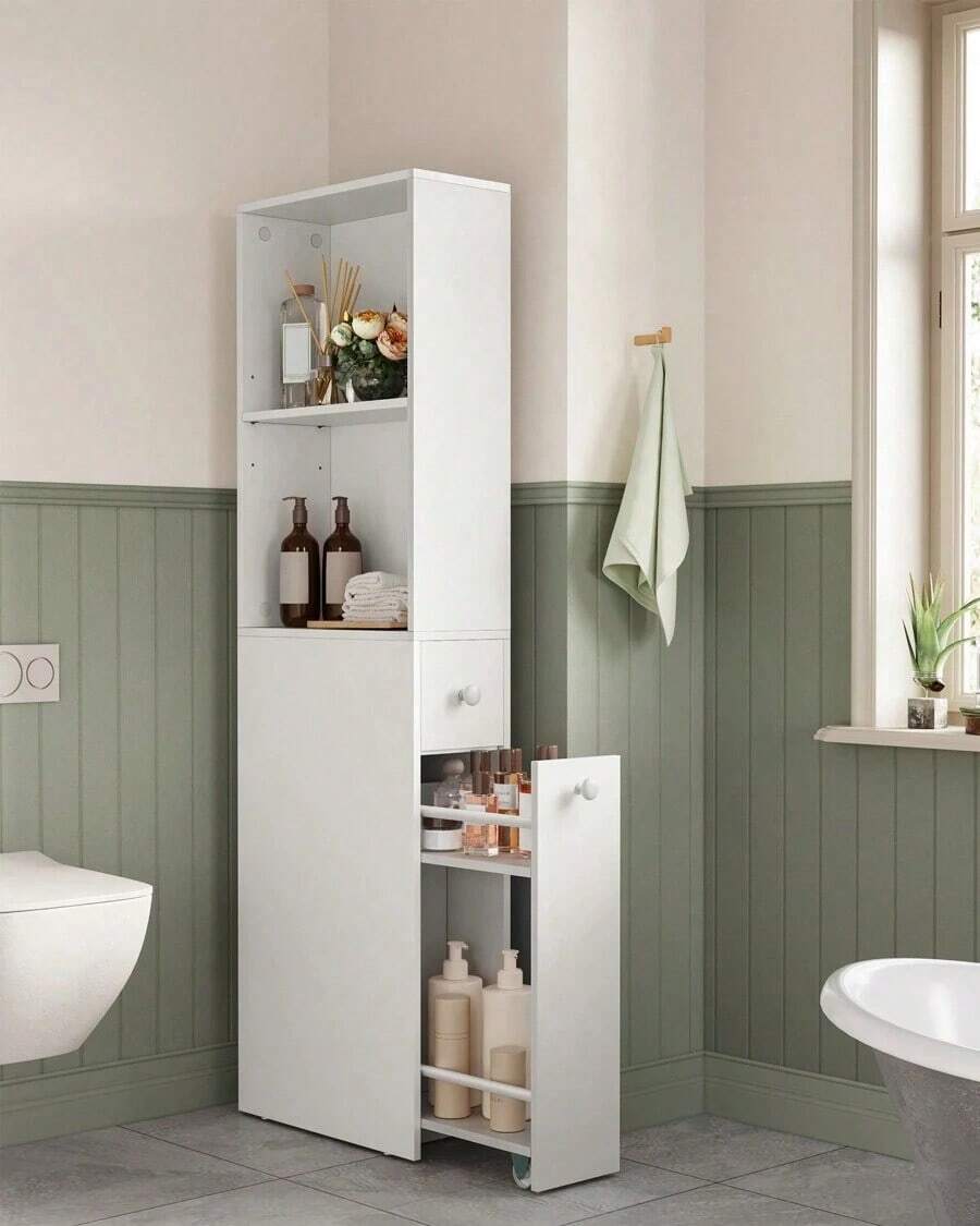 Slim Bathroom Storage Cabinet, Narrow Freestanding Cabinet With Open Shelf & Drawers - White - View 1
