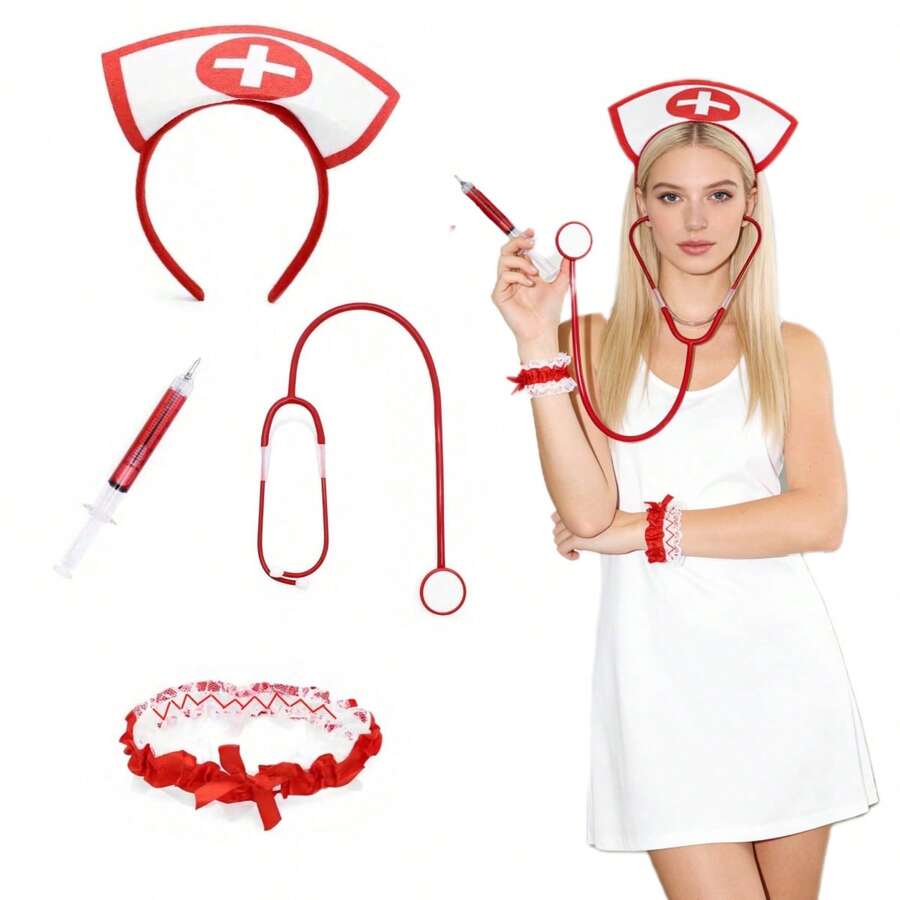 4/2/1pc Halloween Nurse Headband, Stethoscope, Pen Set Cosplay Party Accessories, Christmas Whimsical Fashion Basic Outfit For Women - Multicolor - View 1