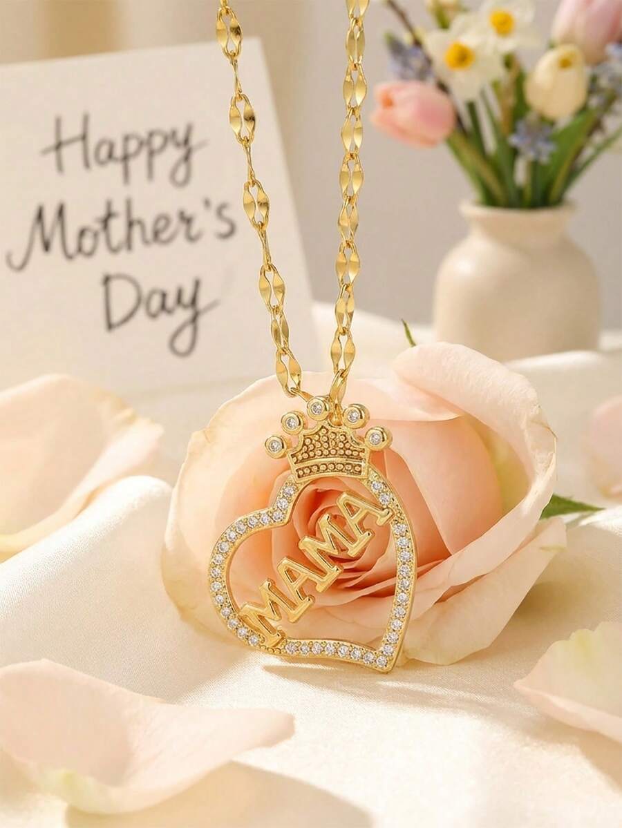 1 chiếc vòng cổ chữ cái hình trái tim vương miện thanh lịch, kèm dây chuyền thép không gỉ, là món quà tuyệt vời dành tặng người mẹ nhân Ngày của Mẹ. - Vàng - Xem 1
