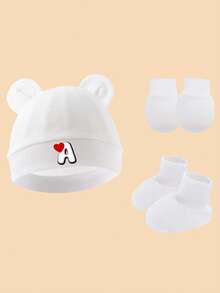 3pcs Baby Cute Bear Ear Hat + Anti-Scratch Mittens + Socks Set, Soft Breathable Newborn Hospital Hat, Love & Letter Print Infant Beanie, Suitable For 0-3 Months Daily Wear - White - View 12